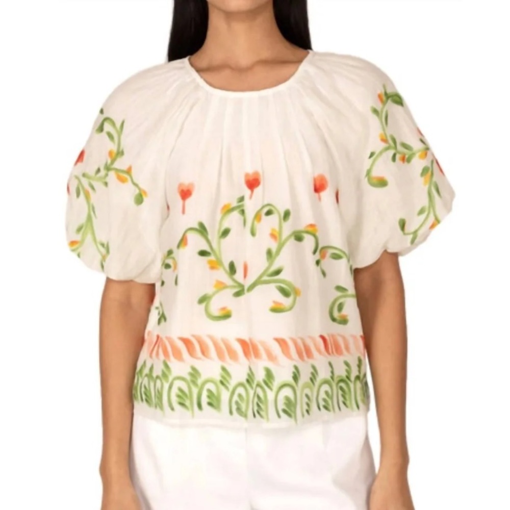 Banjanan Oana Puff-Sleeve Silk-Cotton Blend Handmade Top Size XL in Cream